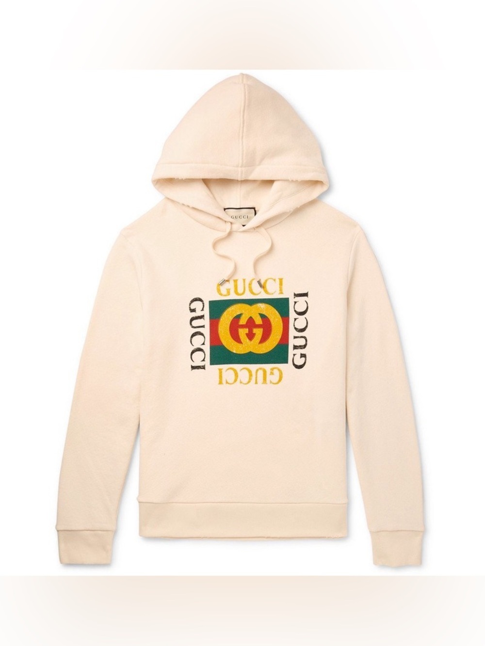 Vintage Gucci Hoodie Distressed Cream Logo Printed Loopback Cotton Size: Small